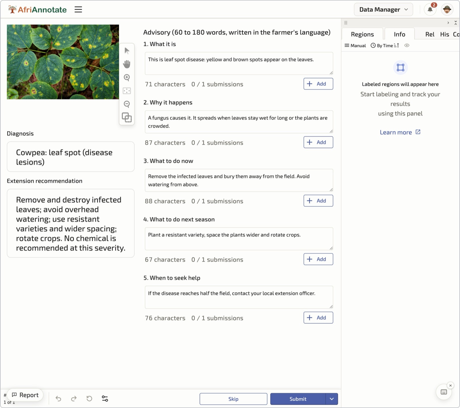 Advisory authoring in AfriAnnotate: the author sees the photo, the diagnosis and the extension recommendation and writes the advisory in five parts