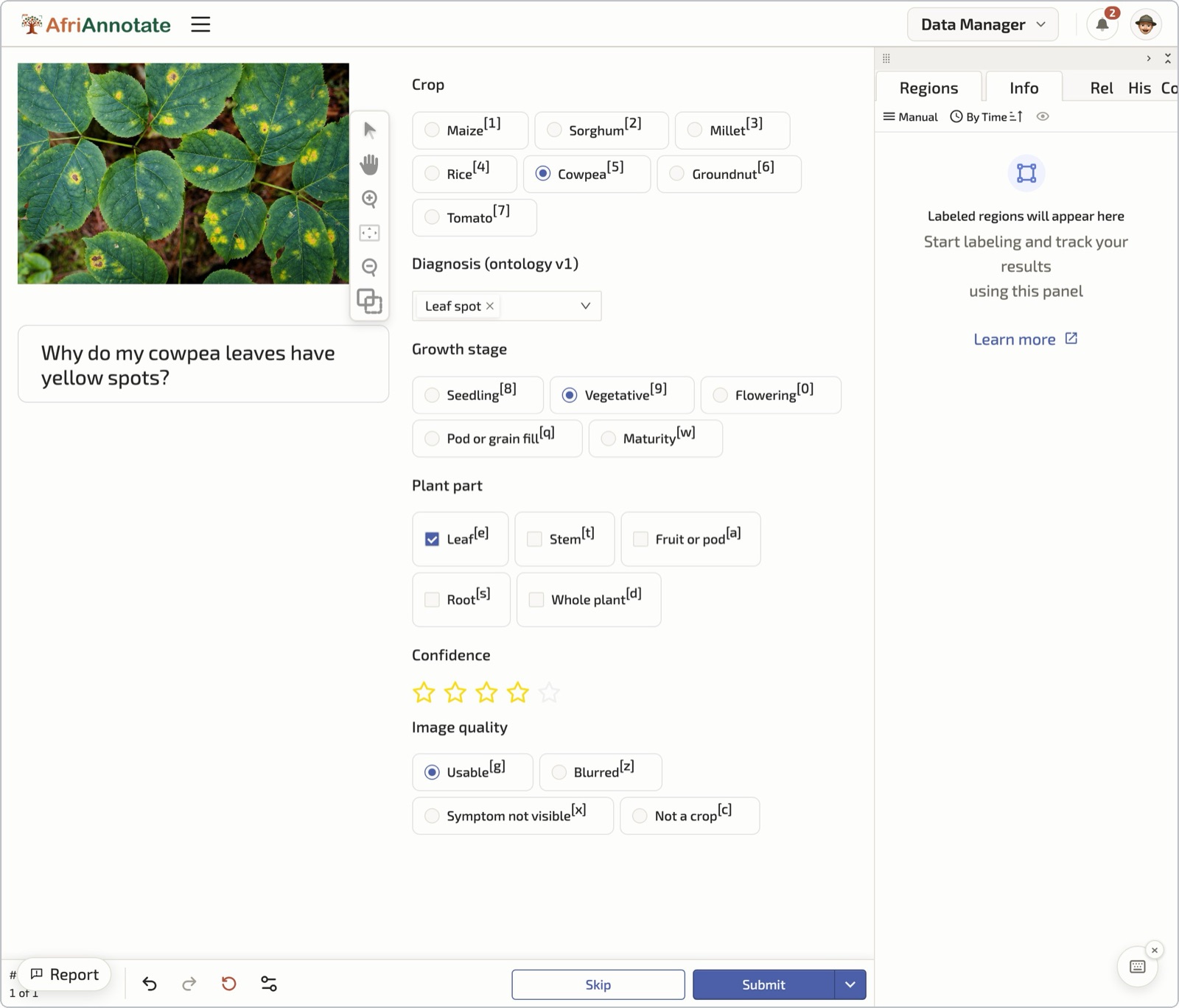 Diagnosis labelling in AfriAnnotate: the agronomist sees the photo and the farmer's question and sets the crop, the ontology diagnosis, growth stage, plant part, confidence and image quality