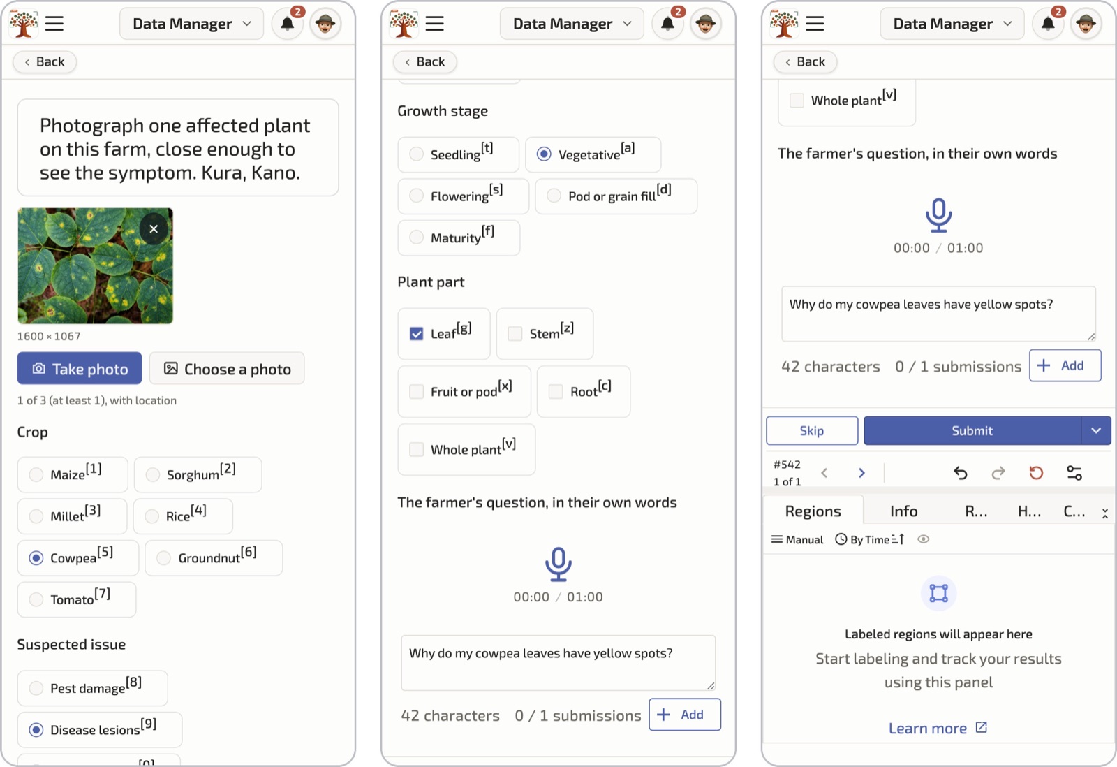 Field capture in the AfriAnnotate mobile view: the collector takes the photo, selects the crop, suspected issue, growth stage and plant part, and records or types the farmer's question