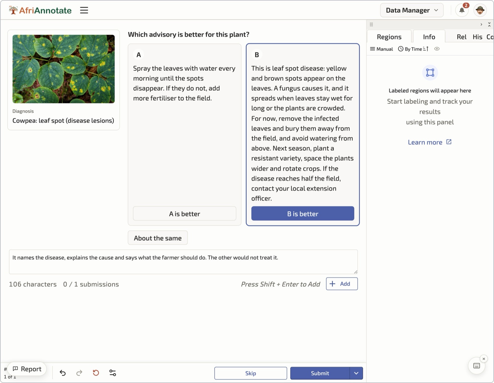 Preference ranking in AfriAnnotate: the rater sees the photo and diagnosis beside advisories A and B, chooses the better one or About the same, and writes a short reason